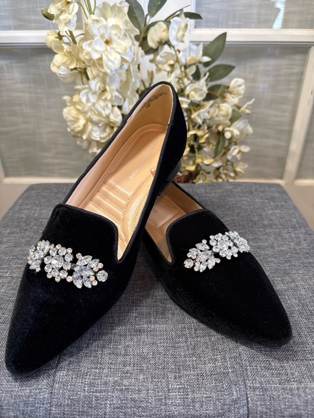 Adrienne Vittadini Black Velvet Pointed Flats with Crystal Cluster